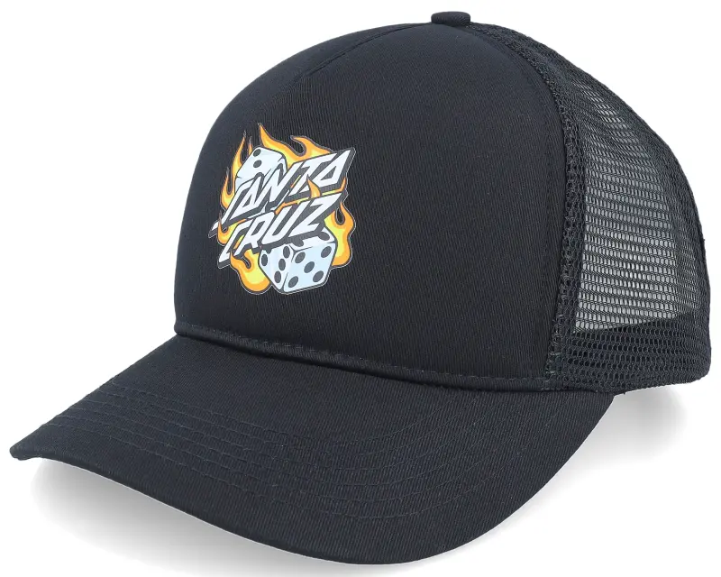 bsanta cruzb flaming dice dot meshback black a-frame trucker